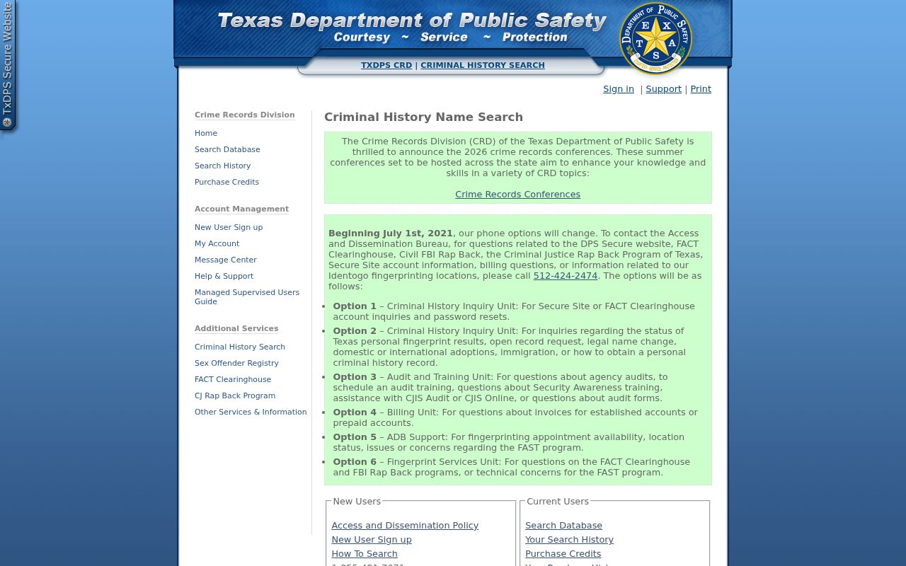 Texas DPS Kimble County criminal history login screen