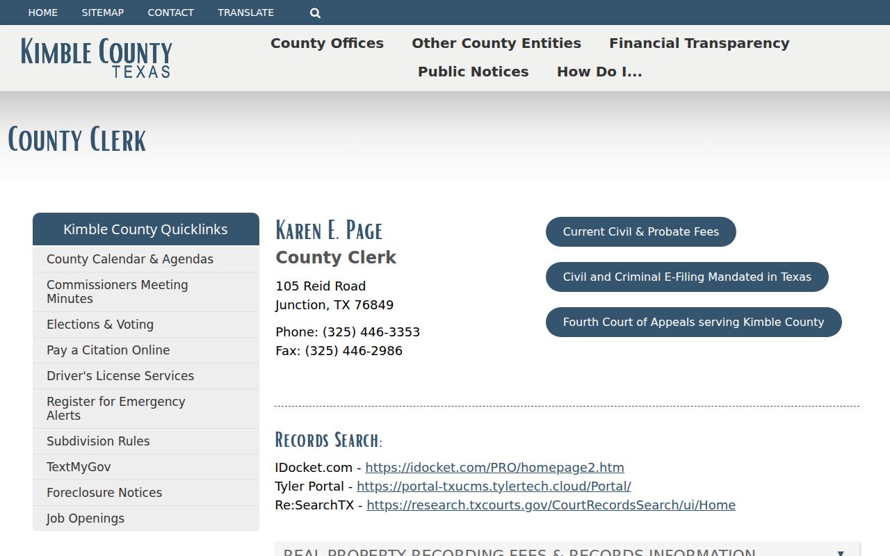 Kimble County Clerk page for older criminal records