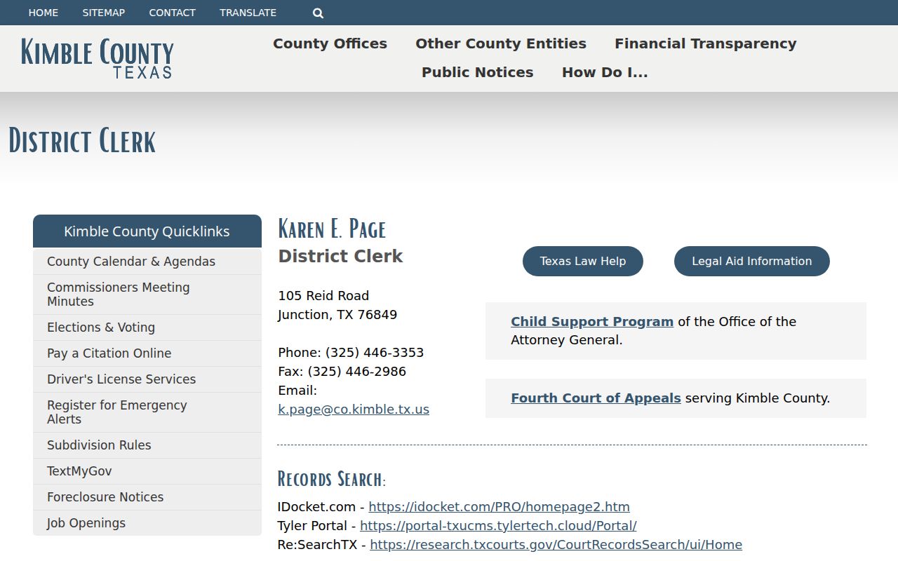 Kimble County District Clerk criminal record portal links