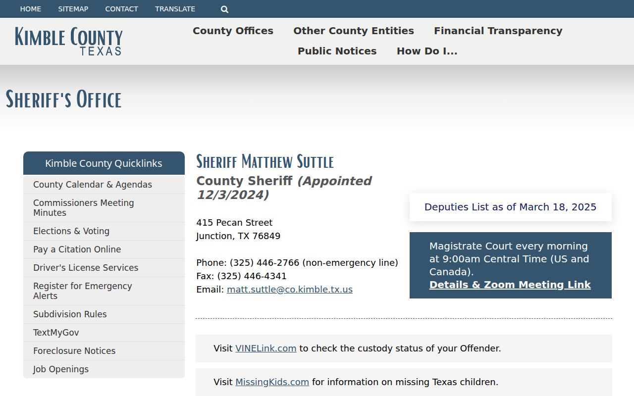 Kimble County Sheriff jail and criminal record contact page