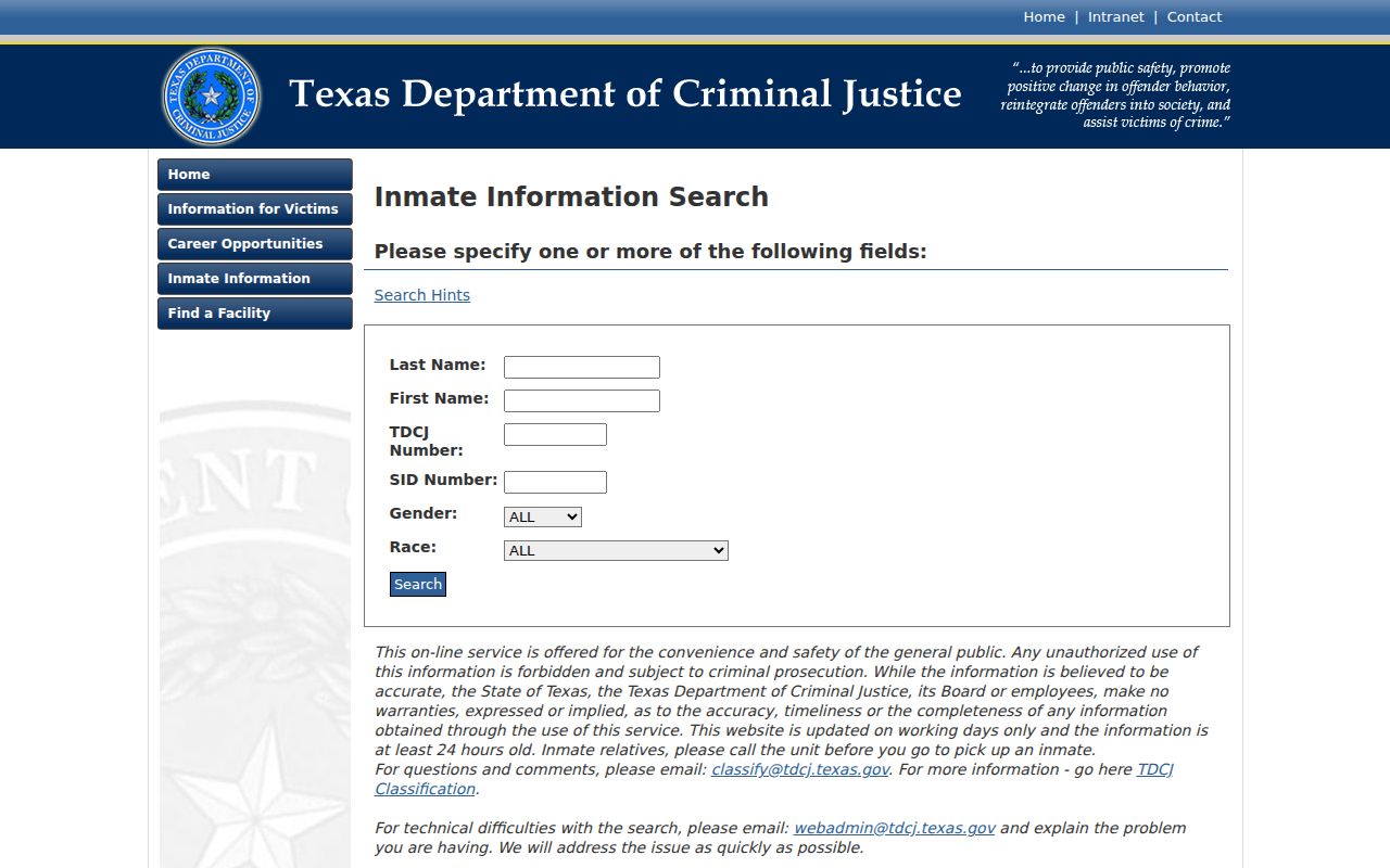 TDCJ inmate search for Kimble County criminal custody records