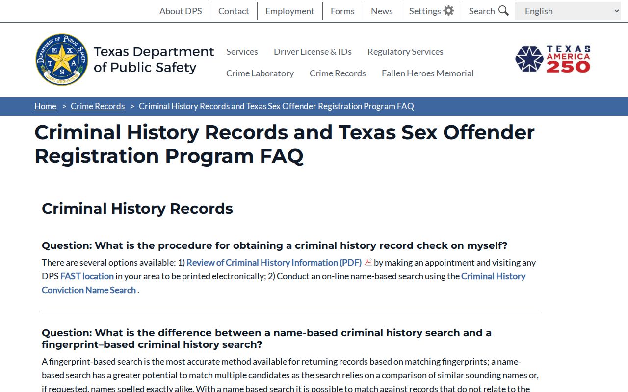 Texas DPS criminal history FAQ for Kimble County arrest record review
