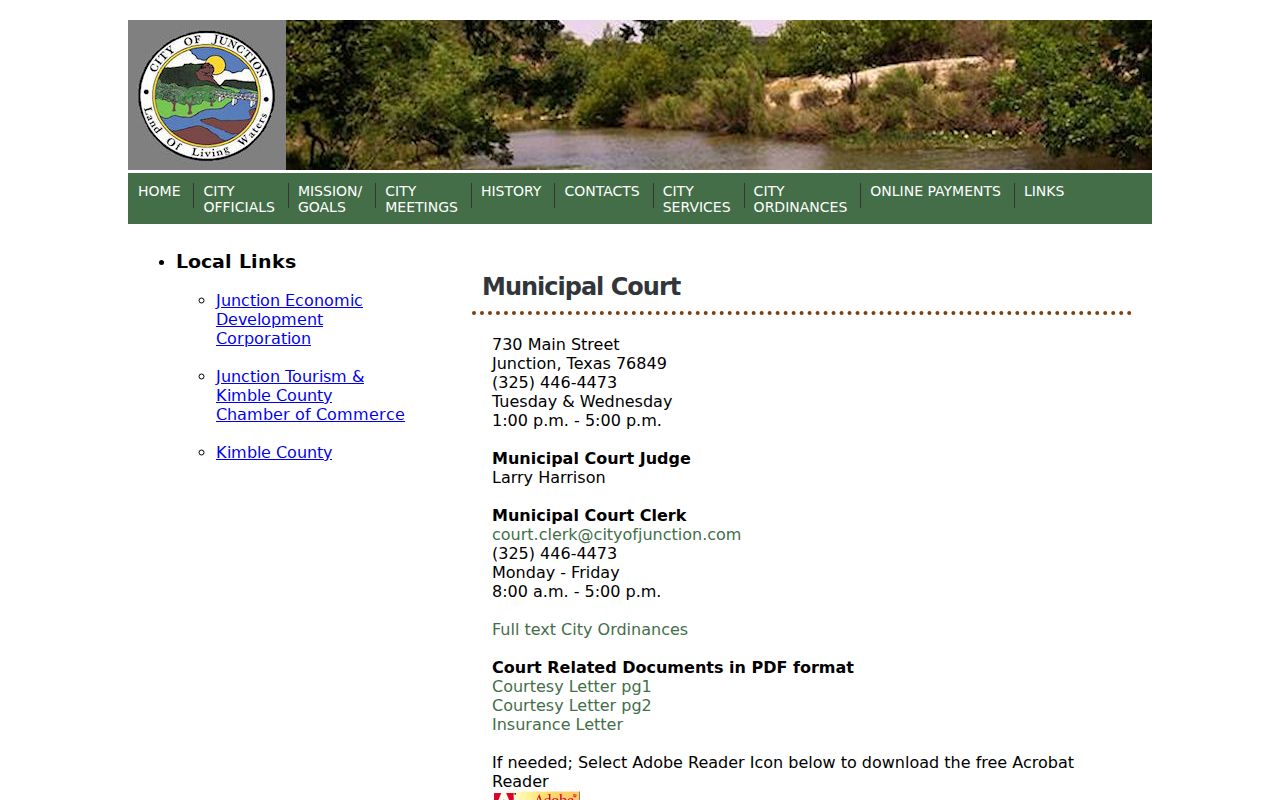 Junction criminal history source showing the official municipal court contact page
